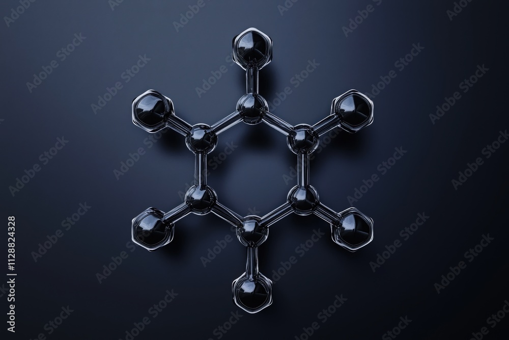 A detailed molecular structure resembling a snowflake is displayed against a dark background. The contrast highlights the arrangement of interconnected spheres and hexagonal shapes.