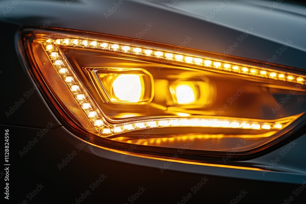 A close-up view of a sleek car headlight featuring bright amber lights.