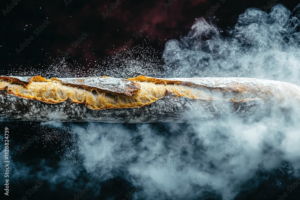 A long loaf of bread is captured just after baking, revealing its crispy crust and fluffy interior. Steam rises, creating a captivating atmosphere that highlights the breads freshness.