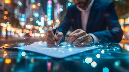 Poster - A professional signs a document outdoors at night, illuminated by city lights, symbolizing the intersection of sustainable finance and artificial intelligence.