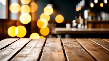 Empty wooden table top on blur light golden bokeh of cafe restaurant, bar in a dark background 