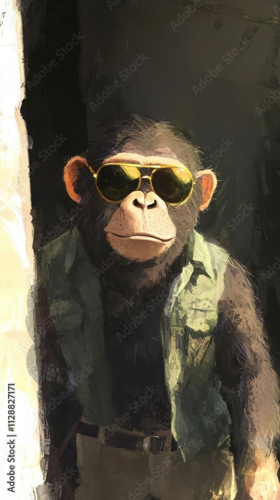 A monkey stands near a doorway, sporting stylish sunglasses and a green vest. The sunlight highlights its features, creating a relaxed and charming atmosphere.