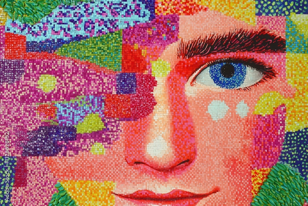 This artwork displays a young mans face in a colorful abstract style, featuring bold hues and geometric patterns. The striking use of color and texture creates a visually engaging piece.