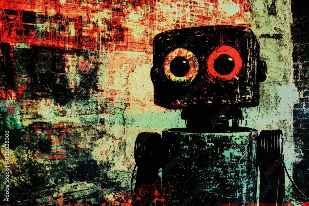 A vintage robot stands in a dilapidated industrial area, surrounded by graffiti and peeling paint, illuminated by vibrant colors. The atmosphere conveys a sense of nostalgia and decay.