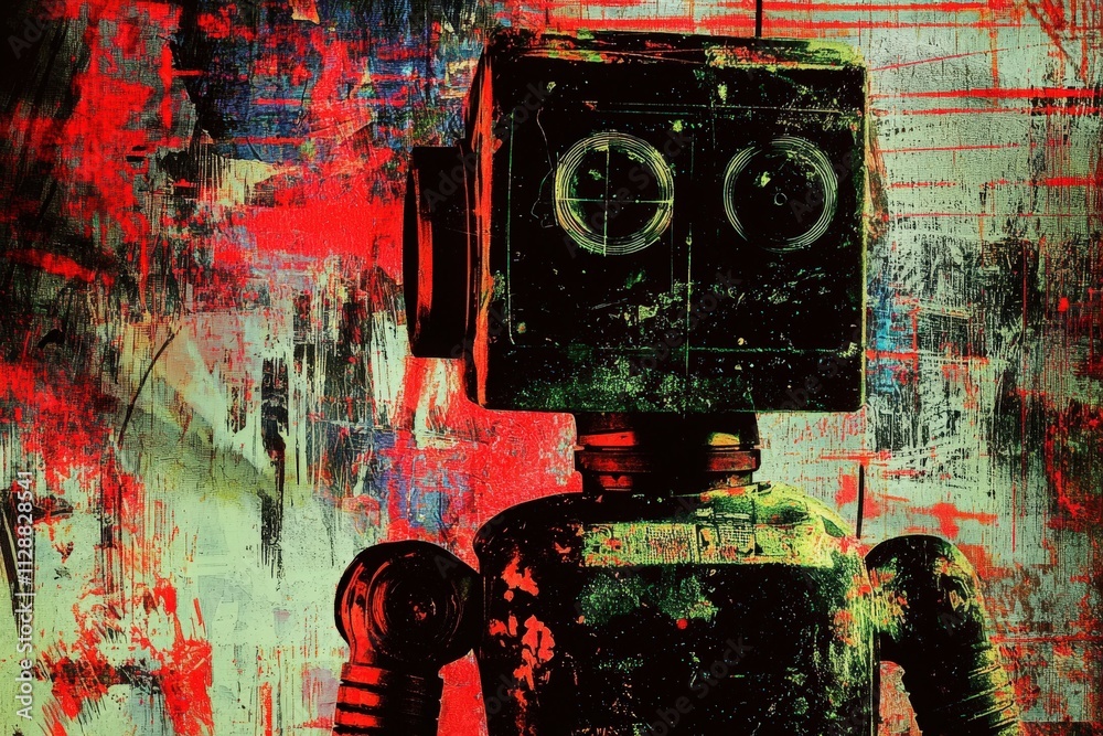 A vintage-style robot stands in front of a vibrant, abstract background filled with splashes of red and darker hues.