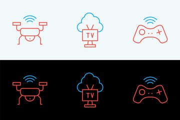 Poster - Set line Wireless gamepad, Smart drone system and Tv icon. Vector