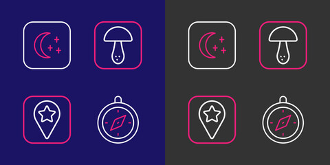 Poster - set line compass, location for camping, mushroom and moon and stars icon. vector