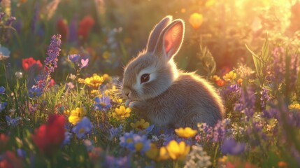 Wall Mural - Close-up of a fluffy bunny nestled in a field of wildflowers, soft golden hour light, peaceful and serene, nature's gentle beauty