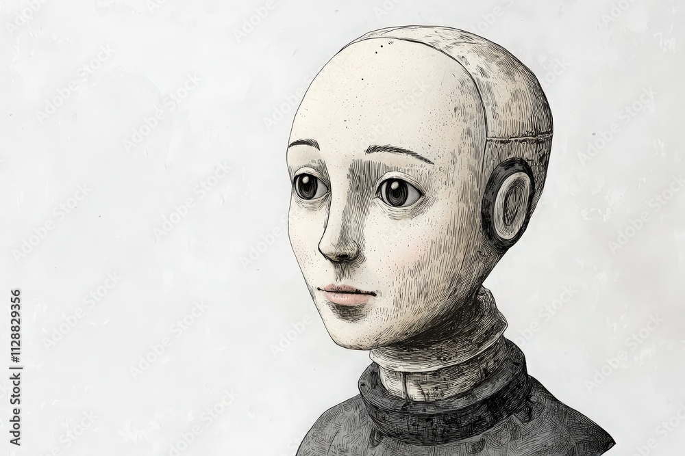 A detailed illustration shows a humanoid robot characterized by a smooth, bald head and large, expressive eyes.