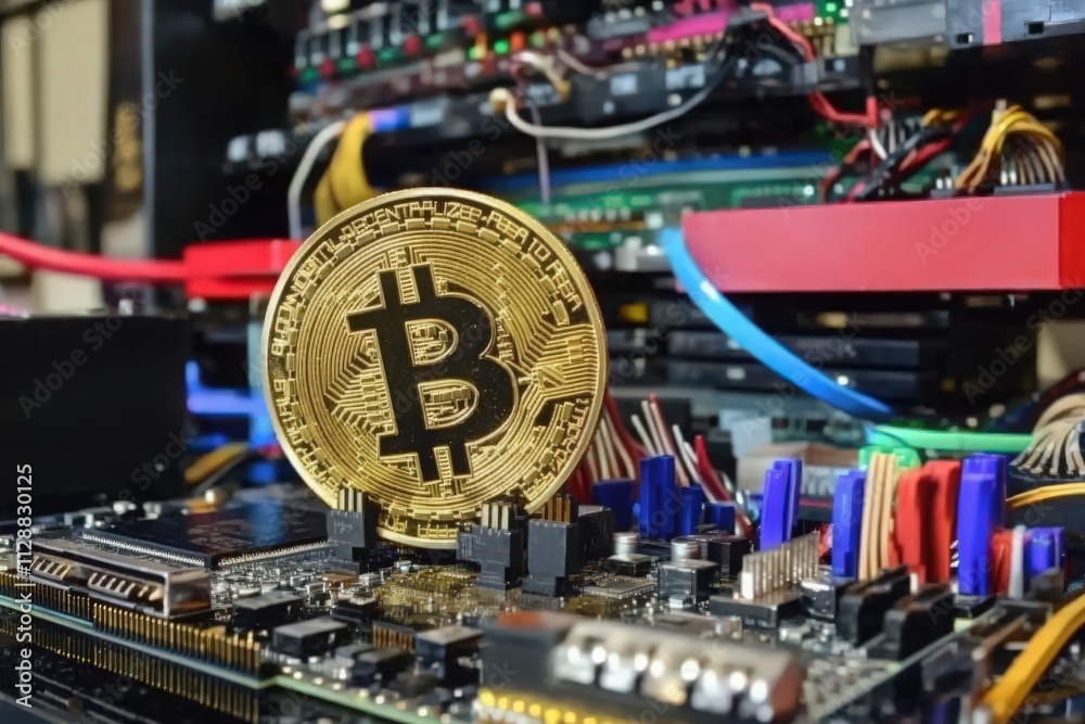 A shiny bitcoin sits prominently on a computer motherboard, surrounded by colorful wires and graphics cards in a cryptocurrency mining facility.