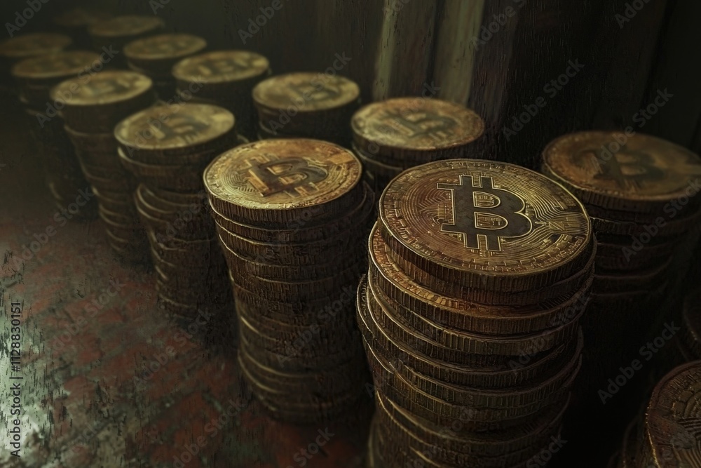 Stacks of bitcoin coins are arranged in a dimly lit environment, highlighting the growing influence of cryptocurrency. The scene emphasizes the visual appeal of digital currency investments.