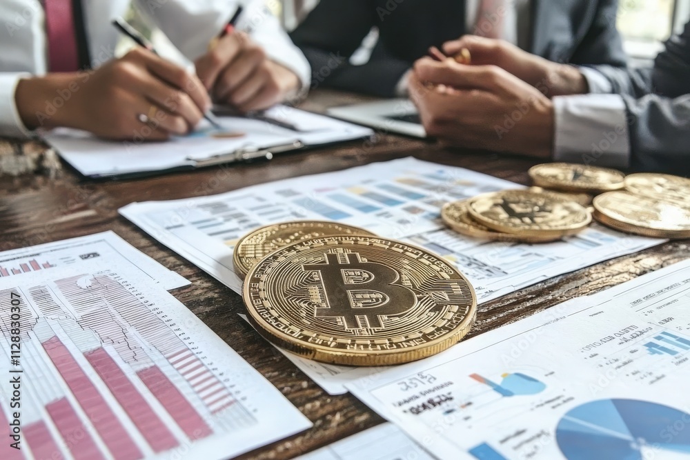 Three business professionals collaborate at a table covered with financial charts, reports, and gold bitcoins while discussing cryptocurrency market trends during a meeting.