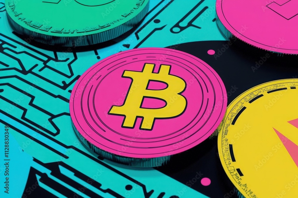 Vibrant cryptocurrency coins are arranged over a colorful circuit board, showcasing themes of digital finance and technology. The bright colors emphasize the modern financial landscape.