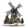 © NongKirana - snow covered windmill adorned with glowing lights and festive decorations, surrounded by evergreen trees, creates warm and inviting winter scene