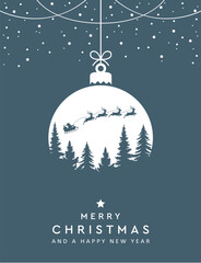 Wall Mural - christmas greeting card with hanging ball decoration and flying santa vector illustration