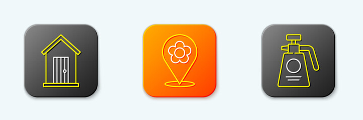 Poster - set line farm house, location with flower and garden sprayer for fertilizer icon. vector