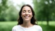© RulArt - Close up of happy young Caucasian woman isolated on blurred background dream visualize with eyes closed. Smiling dreamy female breathe fresh air relieve negative