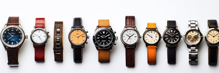 Fototapete - Various wristwatch designs displayed side by side on a minimalistic background emphasize the art of timekeeping and style. Generative AI