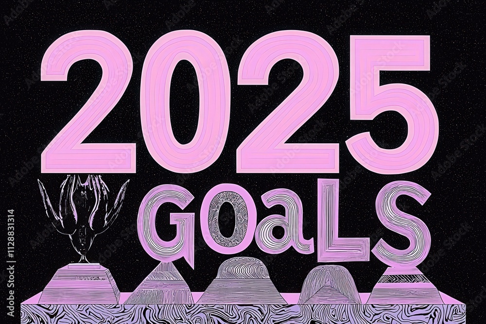 Bright and bold artwork showcases the year 2025 and the word goals, emphasizing the importance of planning for personal aspirations and achievements in a visually striking way.