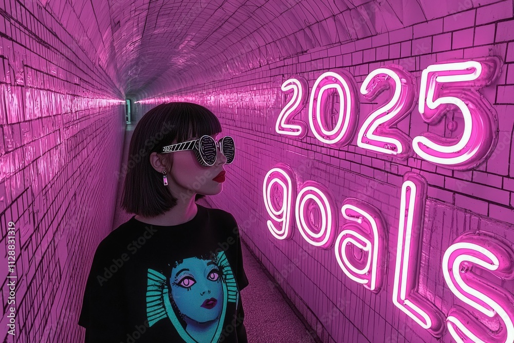 A woman with a stylish bob haircut and sunglasses poses confidently in a colorful tunnel. Bright pink neon lights illuminate the walls, reading 2025 goals, setting a motivational atmosphere.