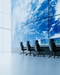 Poster - Futuristic Control Room with Earth Imagery and Satellite Feeds Under Blue Light