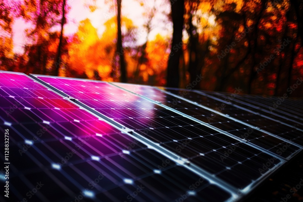 Solar panels are positioned prominently in the foreground, capturing sunlight. Vibrant autumn leaves in shades of orange and yellow create a warm backdrop, enhancing the seasonal atmosphere.