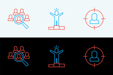 Poster - set line head hunting, magnifying glass for search job and productive human icon. vector