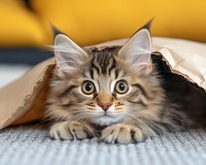 Wall Mural - A playful kitten peeks out from a paper bag, showcasing its large eyes and fluffy fur against a cozy, colorful background.