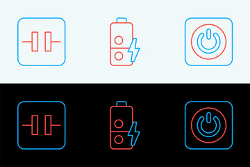 Poster - set line power button, electrolytic capacitor and battery charge icon. vector