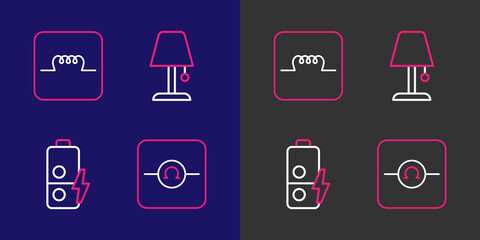Poster - set line ohmmeter, battery charge, table lamp and inductor in electronic circuit icon. vector
