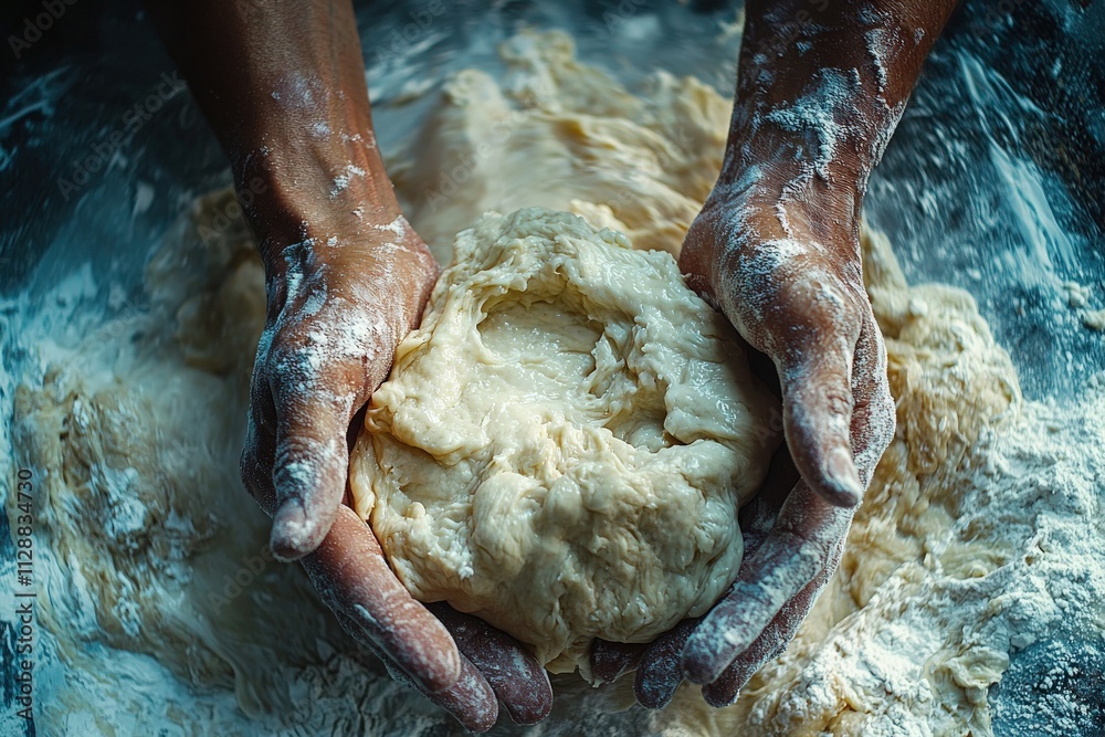 Two hands work diligently to knead a soft dough in a cozy kitchen setting. Flour covers the surface and fingertips, reflecting the joy of homemade baking.
