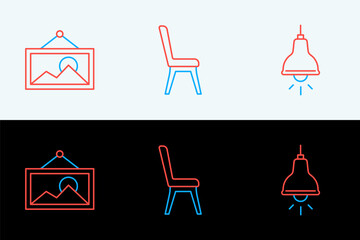 Poster - Set line Lamp hanging, Picture and Chair icon. Vector