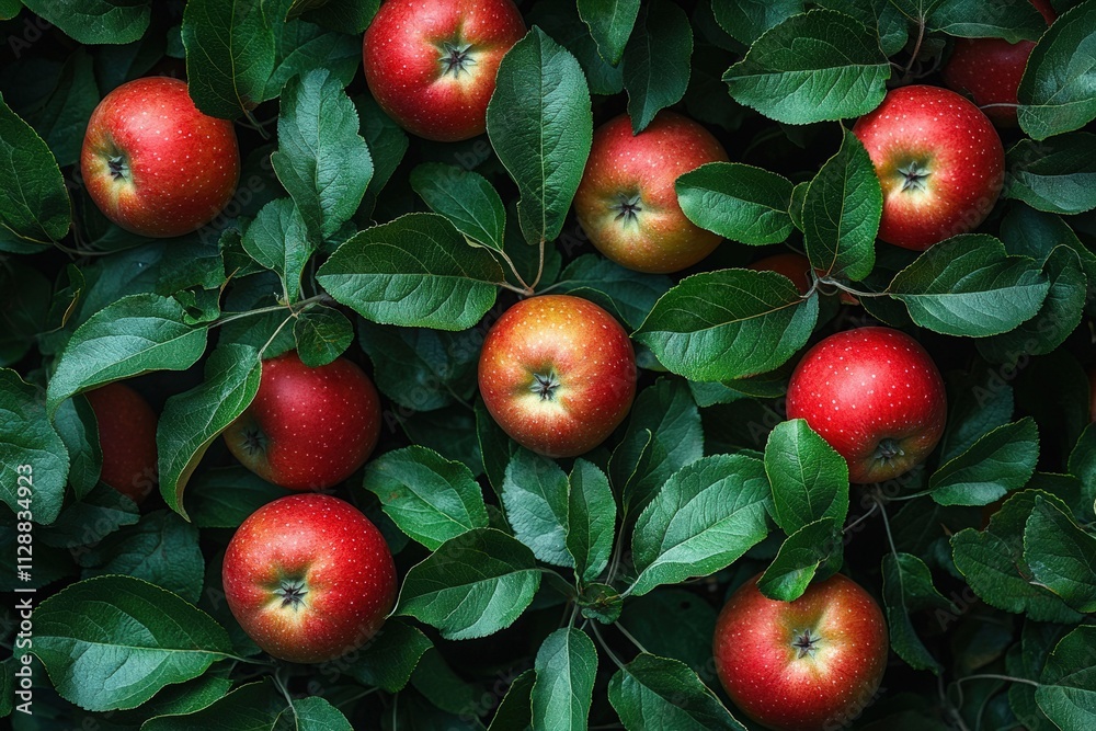 Lush green leaves surround clusters of ripe red apples, creating a vibrant display typical of late summer in an orchard. The fruits glisten under natural light, indicating freshness.
