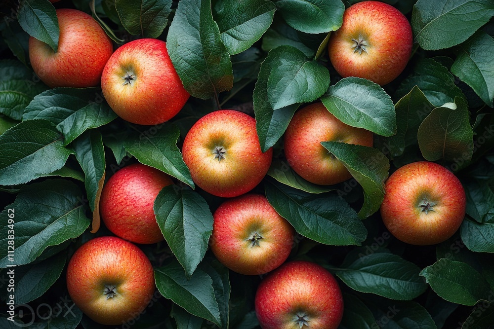 A cluster of ripe apples sits nestled among vibrant green leaves in an orchard. The sunlight enhances the colors of the fruit, showcasing their fresh appeal and healthiness.