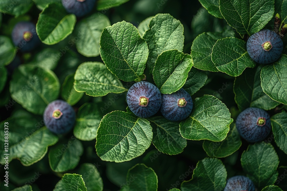 Small, round ripe fruits are nestled among rich green foliage, showcasing a vibrant garden in full bloom.