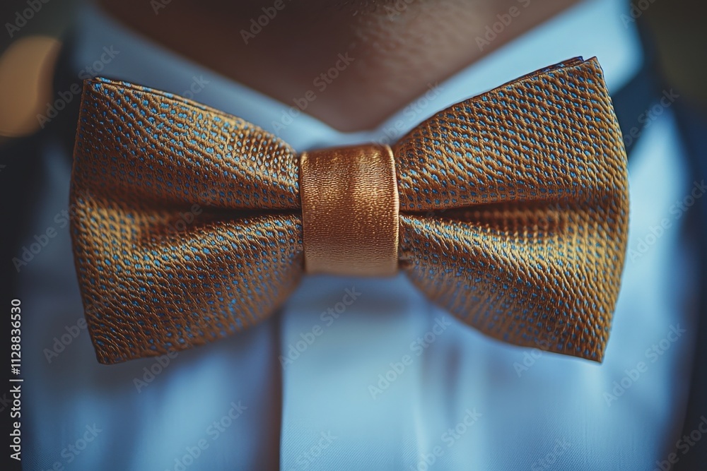 A stylish golden bow tie is neatly fastened around the collar of a formal shirt.