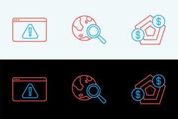 Poster - Set line Financial growth, Browser with exclamation mark and Search globe icon. Vector