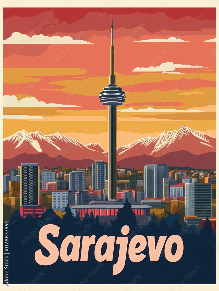 A beautiful dusk view of Sarajevo showcasing the iconic television tower amidst the cityscape. Surrounding mountains are illuminated by a warm sunset glow, creating a serene atmosphere.