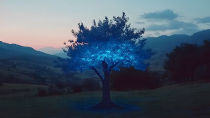 Poster - Glowing blue tree on a hill at dusk.