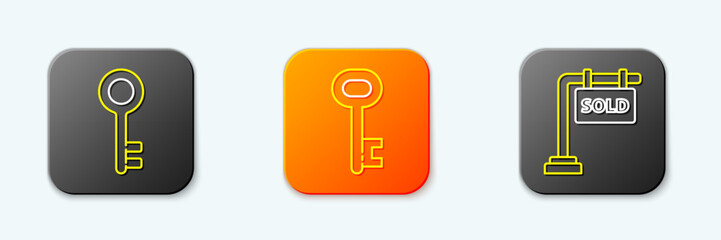 Poster - Set line House key, and Hanging sign with Sold icon. Vector