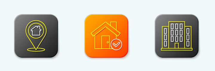 Poster - set line location with house, house check mark and icon. vector