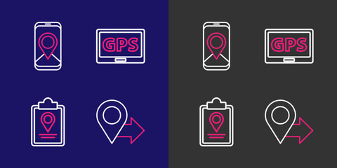 Poster - set line location, folded map with location marker, gps device and city navigation icon. vector