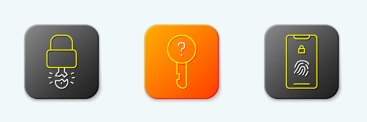 Poster - Set line Key broke inside of padlock, Undefined key and Mobile with fingerprint scan icon. Vector