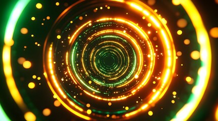 Poster - Glowing green and orange rings forming a tunnel.