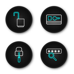 Poster - set line password protection, lock picks for lock picking, key card and open padlock icon. vector
