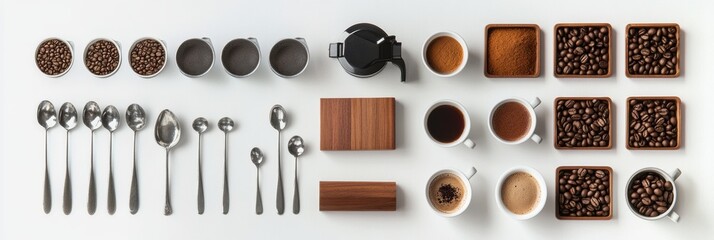 Leinwandbilder - This flat lay showcases an assortment of coffee beans, cups, spoons, and a coffee maker, offering space for promotional text or recipes. Generative AI