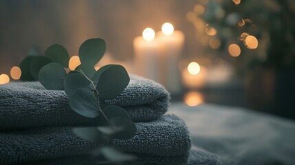 Aufkleber - Towels neatly stacked beside soft glowing candles create a tranquil atmosphere. Eucalyptus leaves add a refreshing touch, enhancing the immersive aromatherapy experience designed for relaxation.