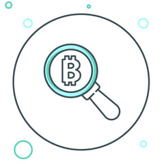 Poster - Line Magnifying glass with Bitcoin icon isolated on white background. Physical bit coin. Blockchain based secure crypto currency. Colorful outline concept. Vector