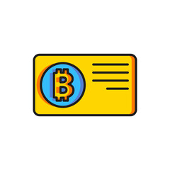 Poster - Color Credit card with bitcoin icon isolated on white background. Online payment. Cash withdrawal. Modern method of payment. Flat filled outline style with shadow. Vector