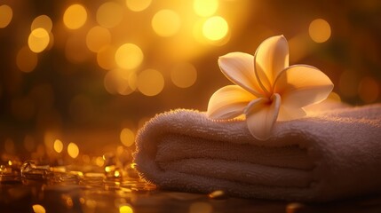 Aufkleber - A soft towel is neatly placed with a blooming flower atop it, surrounded by warm and inviting golden light. The setting evokes tranquility, ideal for a refreshing aromatherapy session.